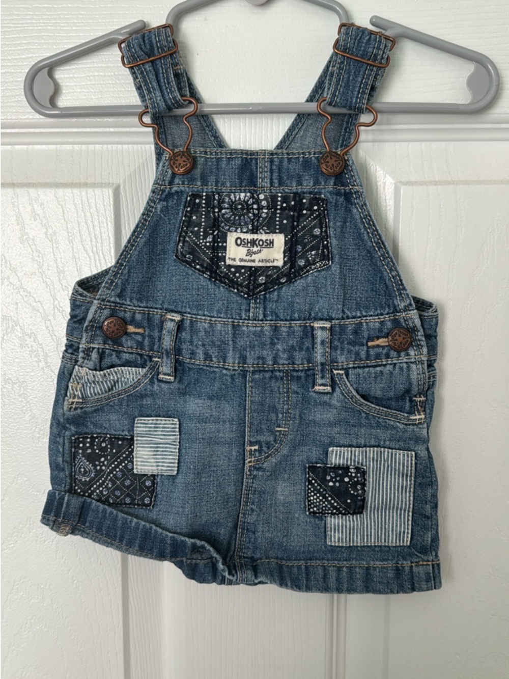 OshKosh B'gosh Blue Denim Patch Shortalls with Bandana Accents